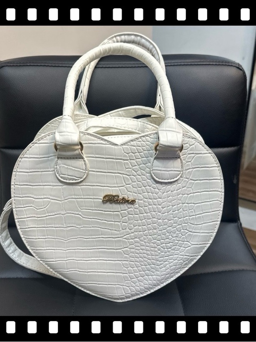 White Heart-Shaped Croc-Embossed Shoulder Bag with Gold Accent